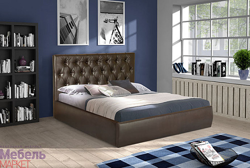 Мягкая кровать   "Монако 1"  (темная кожа) 